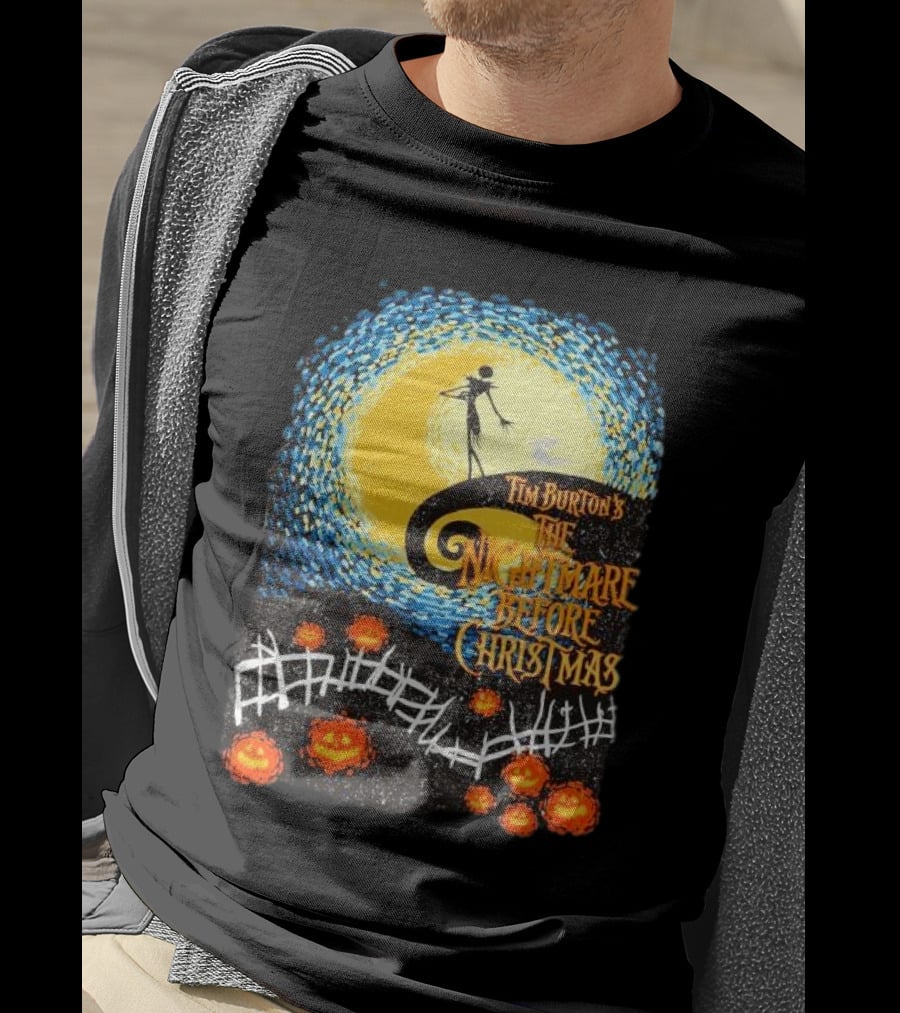 Tim Burton's The Nightmare Before Christmas Starry Night Vintage Pumpkin Fence T-Shirt