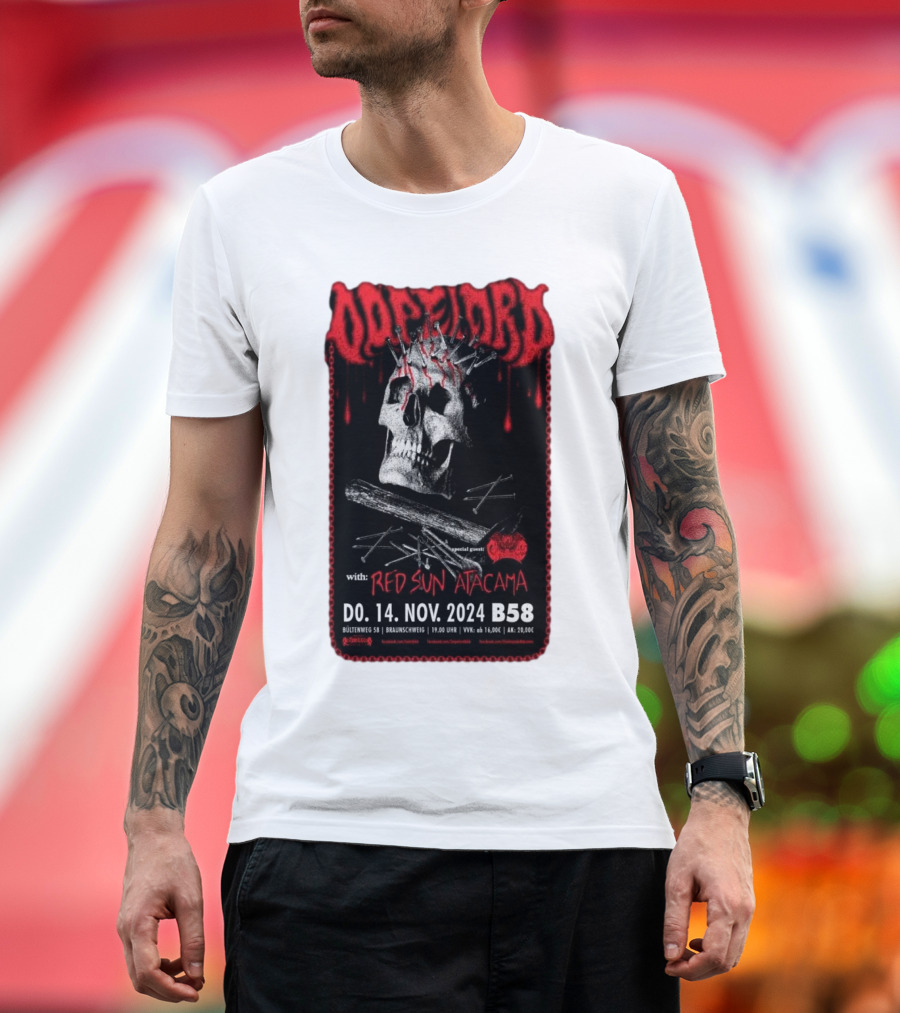 Dopelord with Red Sun Atacama Nov 14 2024 Jugendzentrum B58 Braunschweig Germany Skull Nails Cross Icons T-Shirt