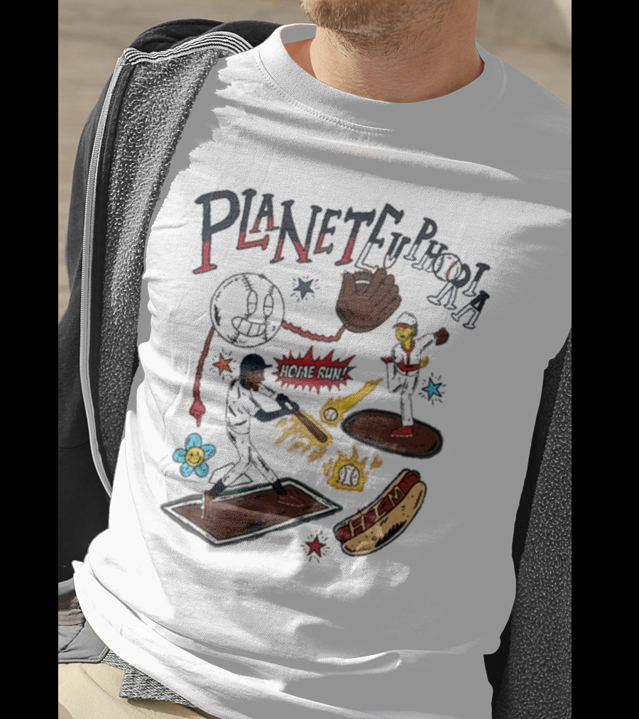 Planet Euphoria Baseball Home Run Hot Dog Illustration With Players And Glove T-Shirt