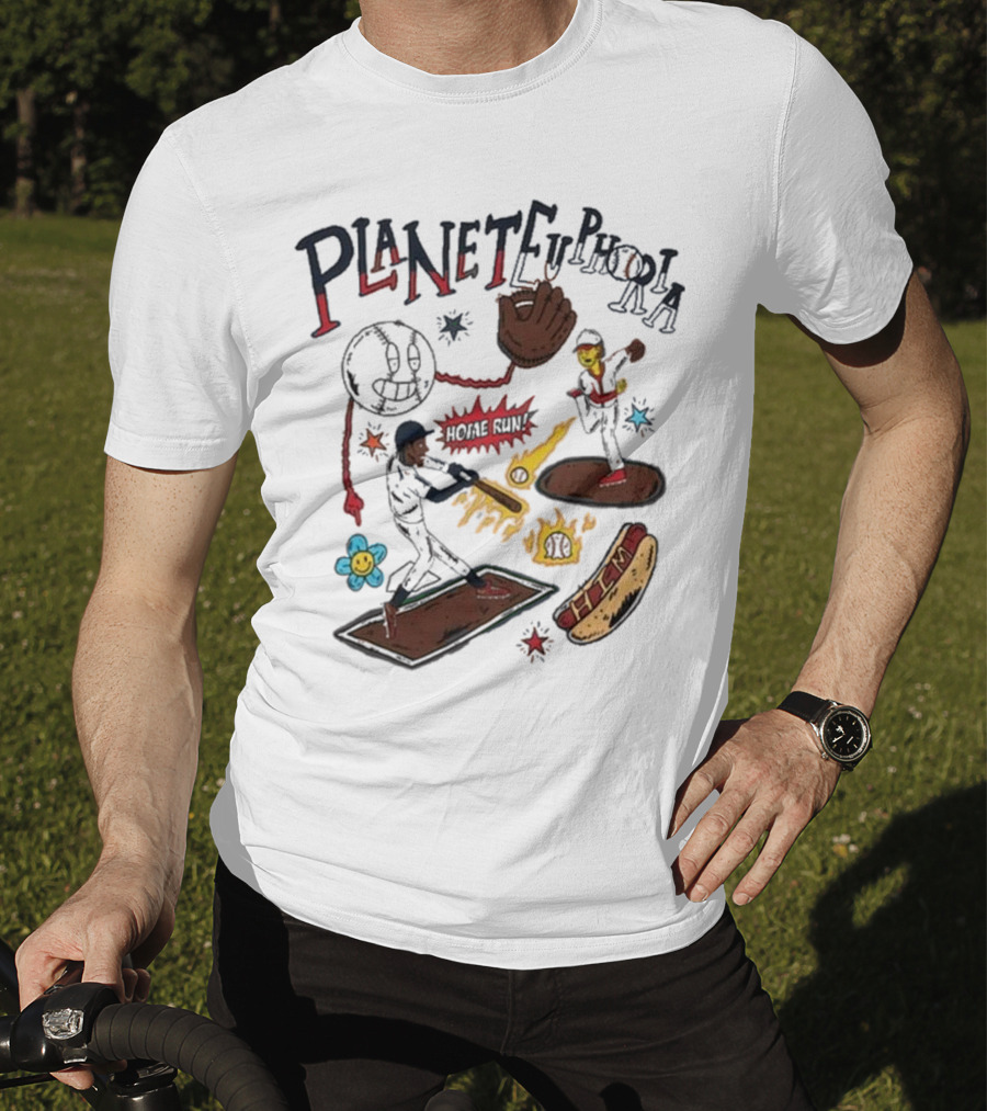 Planet Euphoria Baseball Home Run Hot Dog Illustration With Players And Glove T-Shirt