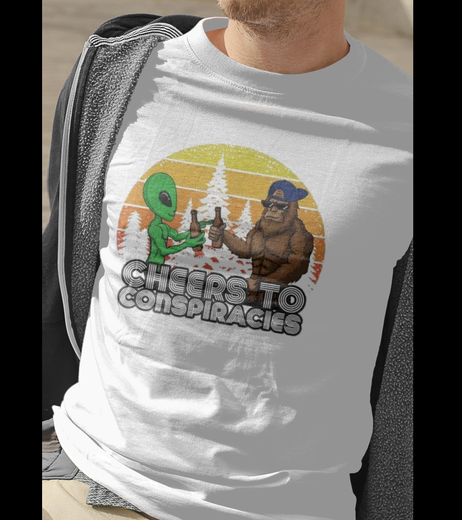 Alien And Bigfoot Cheers To Conspiracies In Retro Sunset Forest T-Shirt