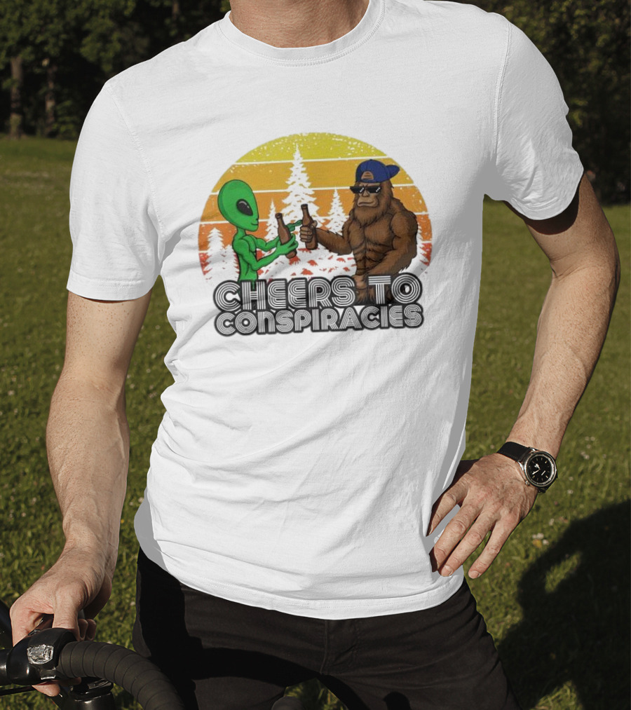Alien And Bigfoot Cheers To Conspiracies In Retro Sunset Forest T-Shirt