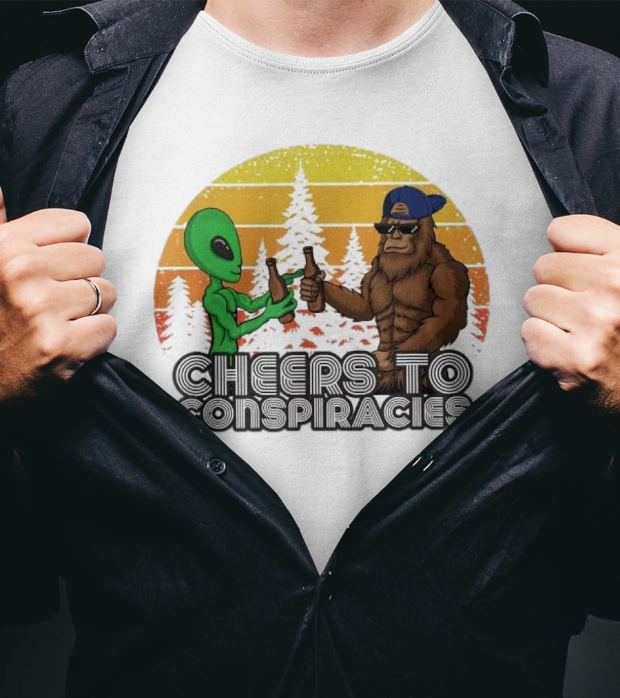 Alien And Bigfoot Cheers To Conspiracies In Retro Sunset Forest T-Shirt