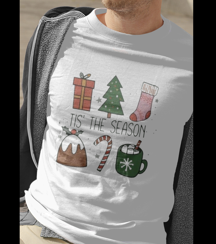 'Tis The Season Christmas Tree Stocking Gift Candy Cane Hot Chocolate T-Shirt