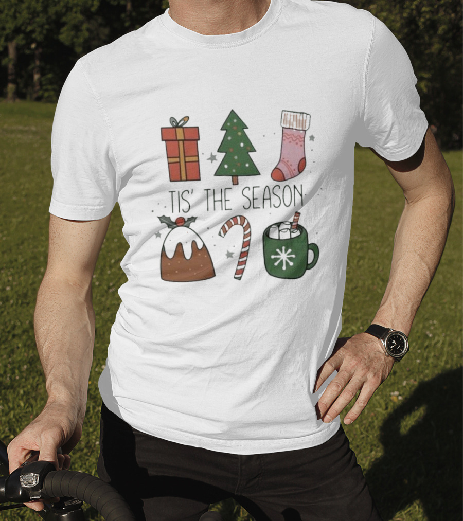 'Tis The Season Christmas Tree Stocking Gift Candy Cane Hot Chocolate T-Shirt