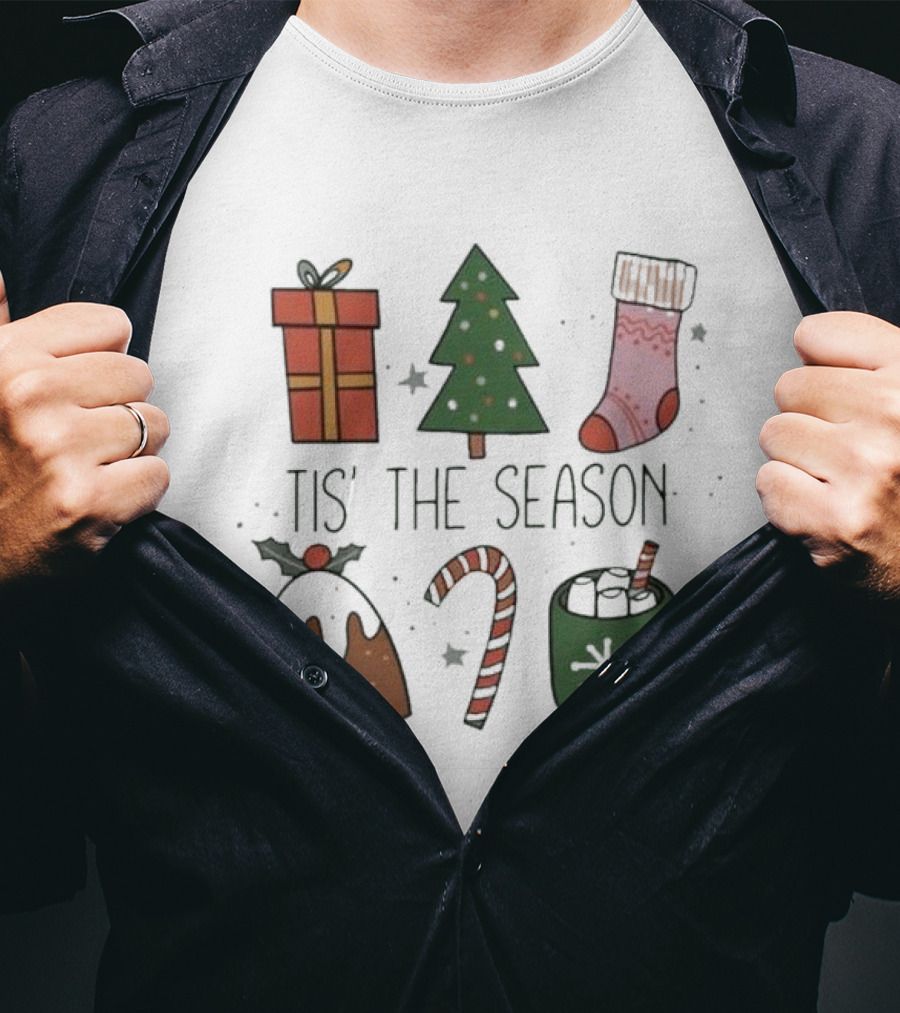 'Tis The Season Christmas Tree Stocking Gift Candy Cane Hot Chocolate T-Shirt