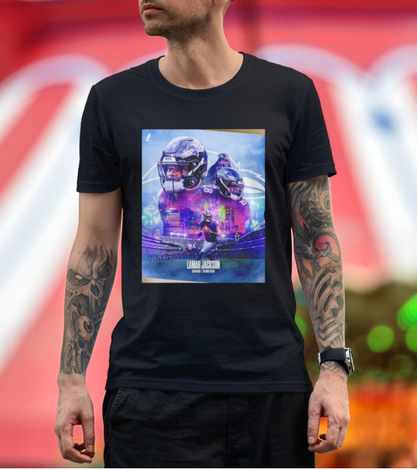 Premium T-Shirt: Lamar Jackson Baltimore Ravens Quarterback Dynamic Football Action T-Shirt Lamar Jackson Baltimore Ravens Quarterback Dynamic Football Action T-Shirt