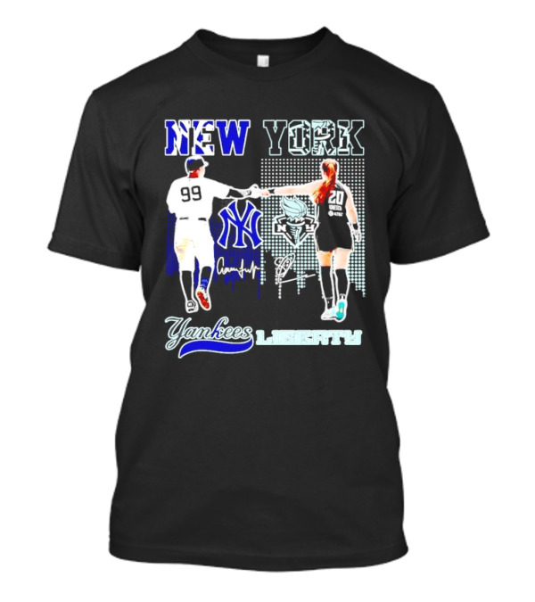 New York Yankees Yankees Aaron Judge Liberty Sabrina Ionescu Signatures Skyline T-Shirt