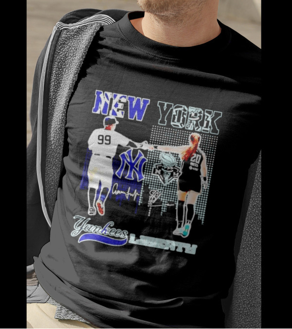 New York Yankees Yankees Aaron Judge Liberty Sabrina Ionescu Signatures Skyline T-Shirt