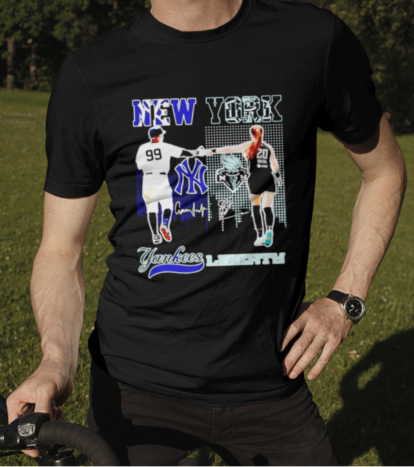 New York Yankees Yankees Aaron Judge Liberty Sabrina Ionescu Signatures Skyline T-Shirt