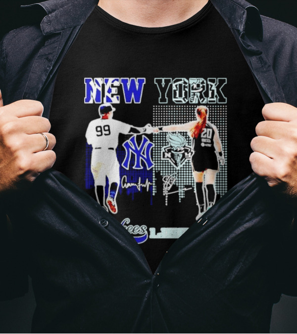 New York Yankees Yankees Aaron Judge Liberty Sabrina Ionescu Signatures Skyline T-Shirt