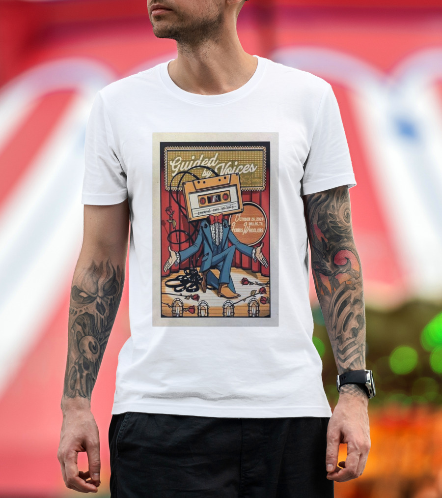 Guided By Voices Oct 26 2024 Ferris Wheelers Dallas Tour Poster with Cassette Tape Head and Roses T-Shirt