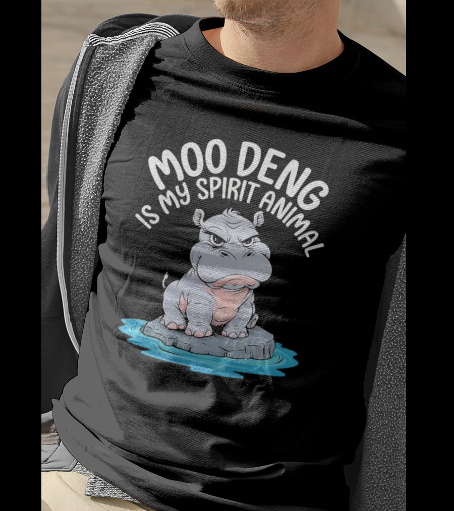 Moo Deng Is My Spirit Animal Cartoon Hippo On Rock In Water T-Shirt