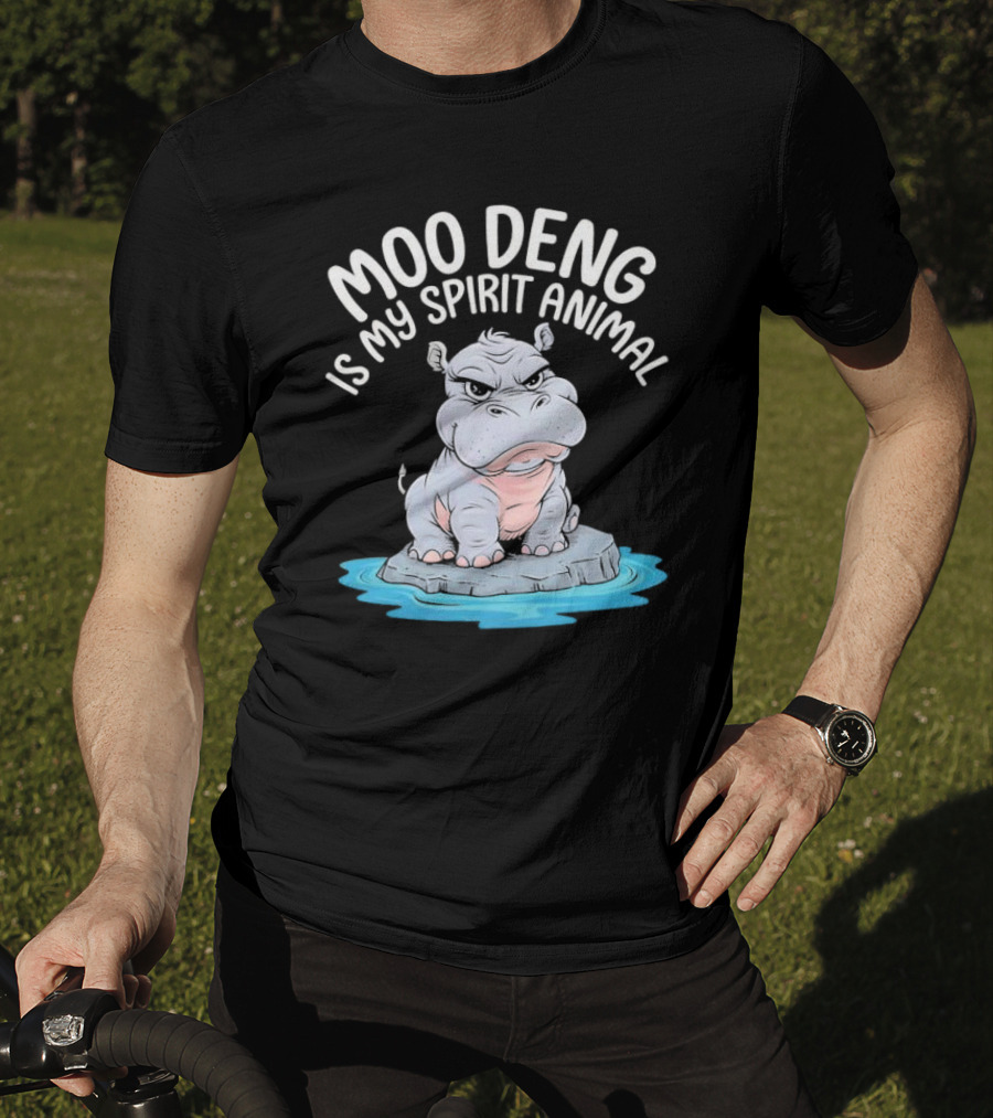 Moo Deng Is My Spirit Animal Cartoon Hippo On Rock In Water T-Shirt