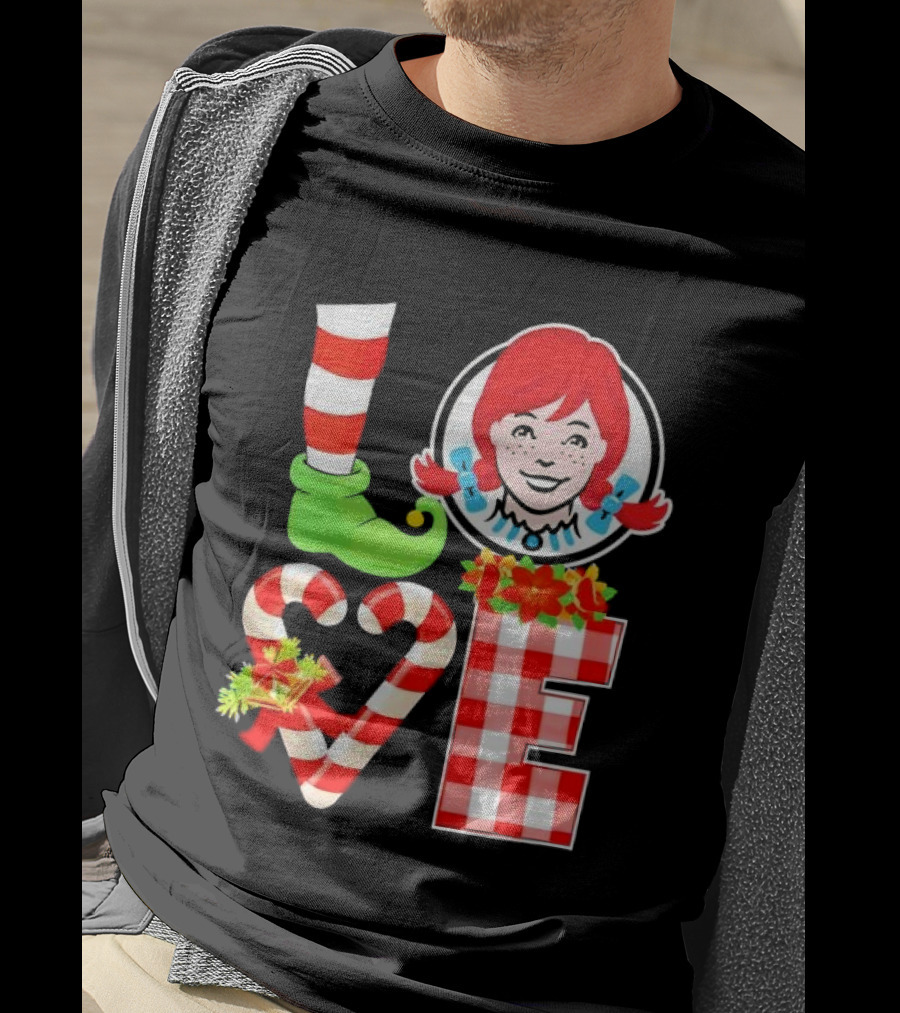 LOVE Elf Wendy’s Christmas Red Stripes Plaid Candy Cane Holiday T-Shirt