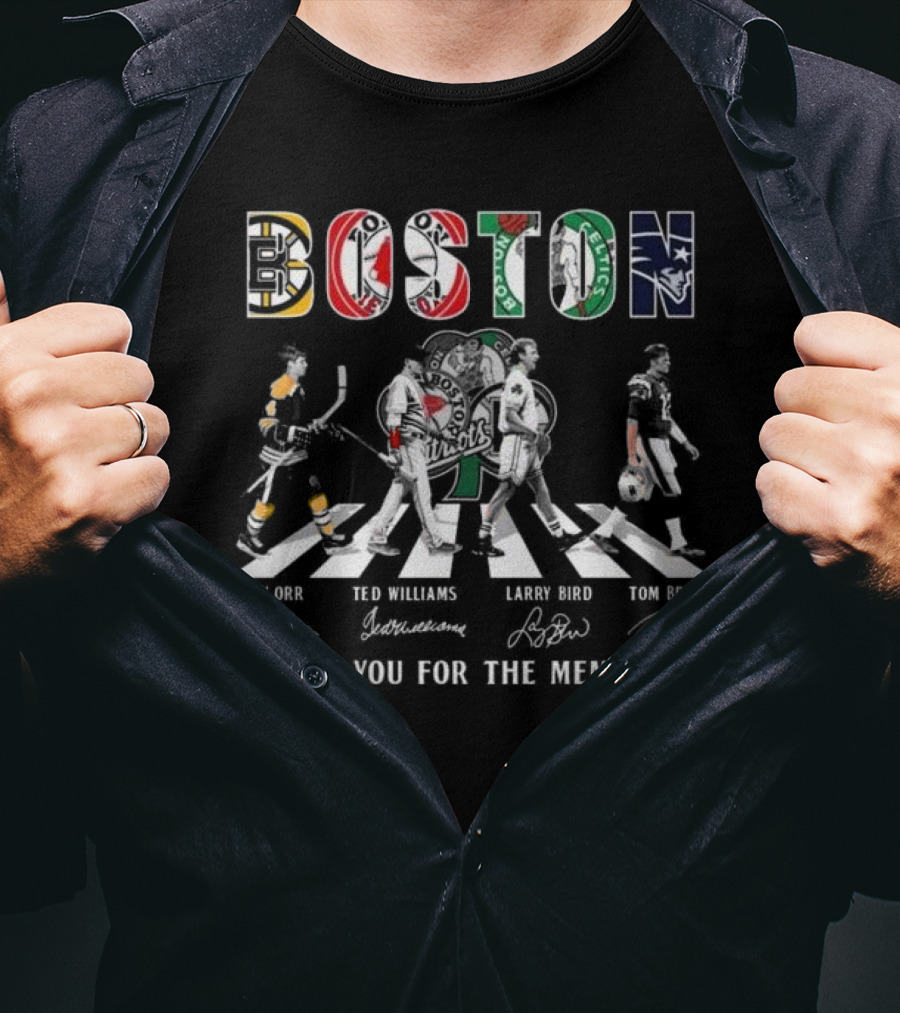 Boston Bruins Red Sox Celtics Patriots Bobby Orr Ted Williams Larry Bird Tom Brady Thank You For The Memories T-Shirt