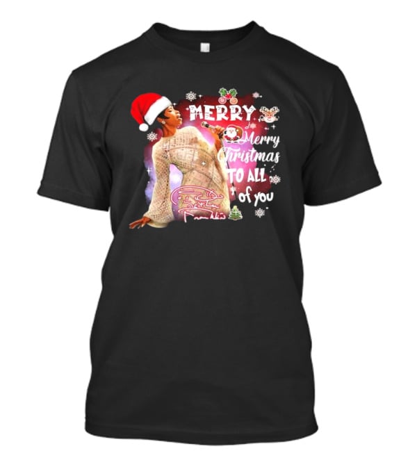 Aretha Franklin Merry Christmas To All Of You Santa Hat Snowflakes T-Shirt