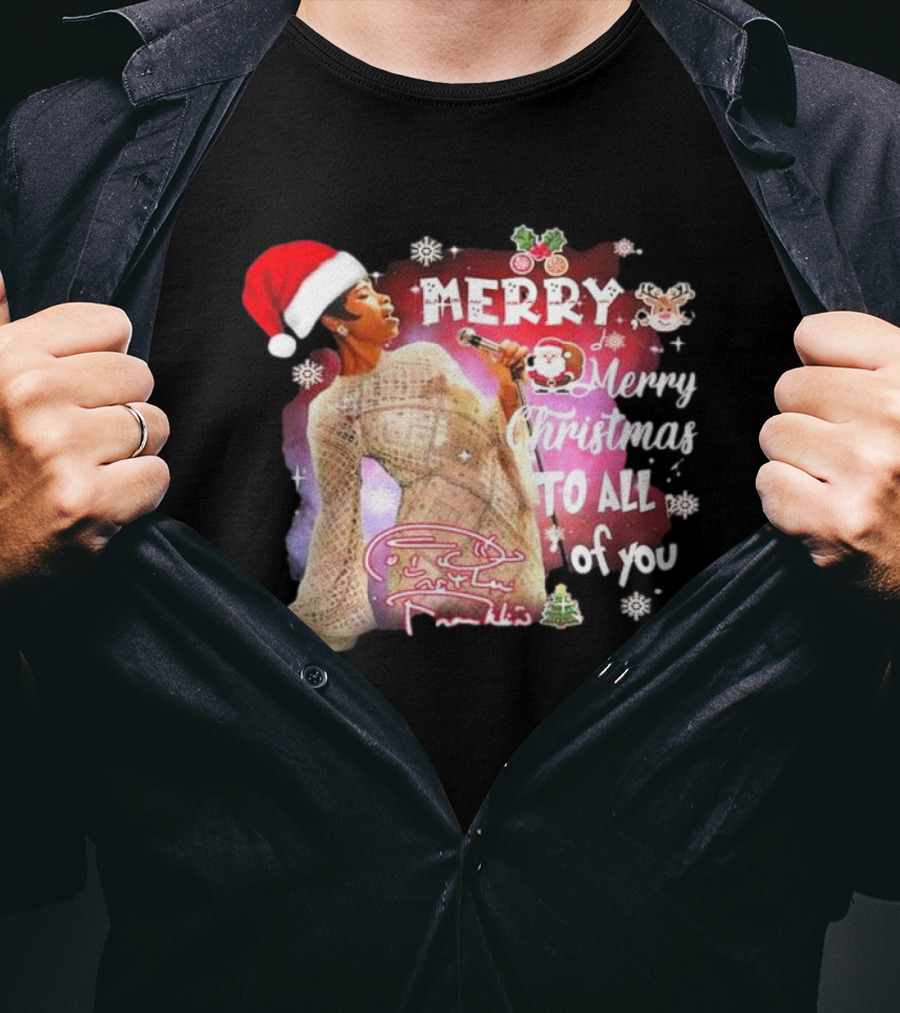 Aretha Franklin Merry Christmas To All Of You Santa Hat Snowflakes T-Shirt
