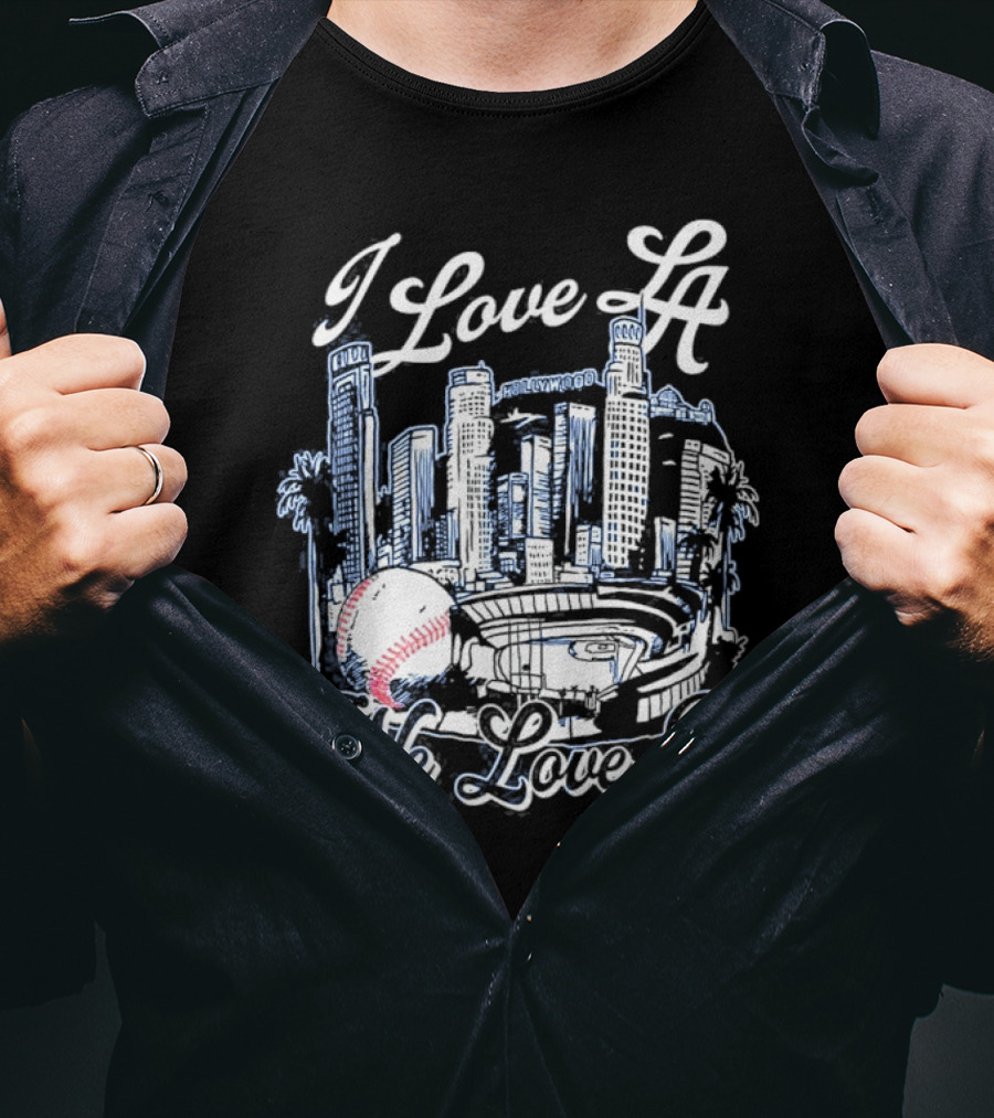 I Love LA Dodgers We Love It Los Angeles Skyline Baseball Stadium T-Shirt