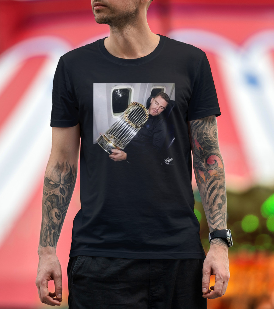 Freddie Freeman Dodgers Sleeping with World Series Trophy Airplane Image T-Shirt
