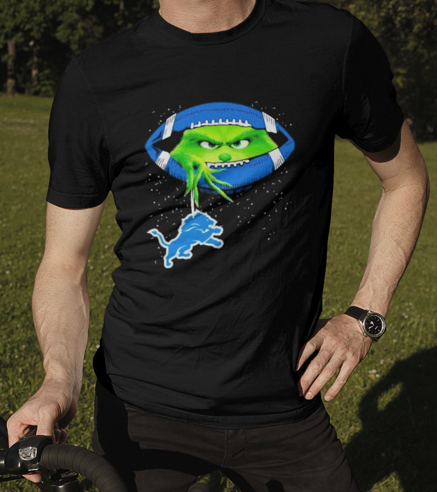 Grinch Holding Detroit Lions Logo Inside Football Christmas T-Shirt