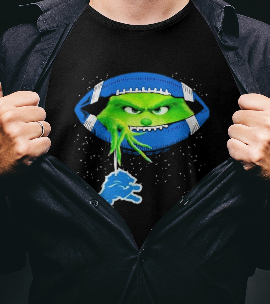 Grinch Holding Detroit Lions Logo Inside Football Christmas T-Shirt