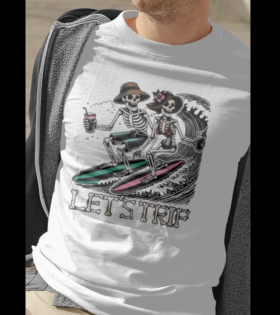 Let’s Trip Skeleton Surf Beach Vibes Retro Skeletons Surfing Waves T-Shirt
