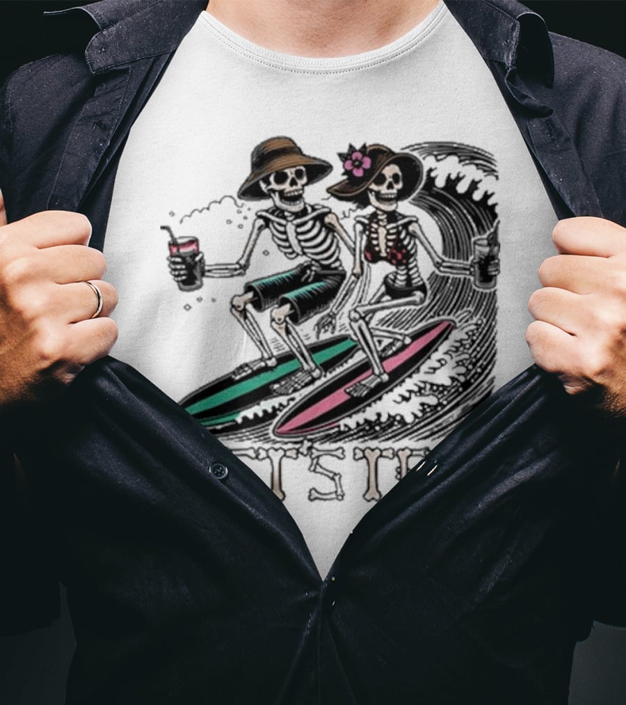 Let’s Trip Skeleton Surf Beach Vibes Retro Skeletons Surfing Waves T-Shirt