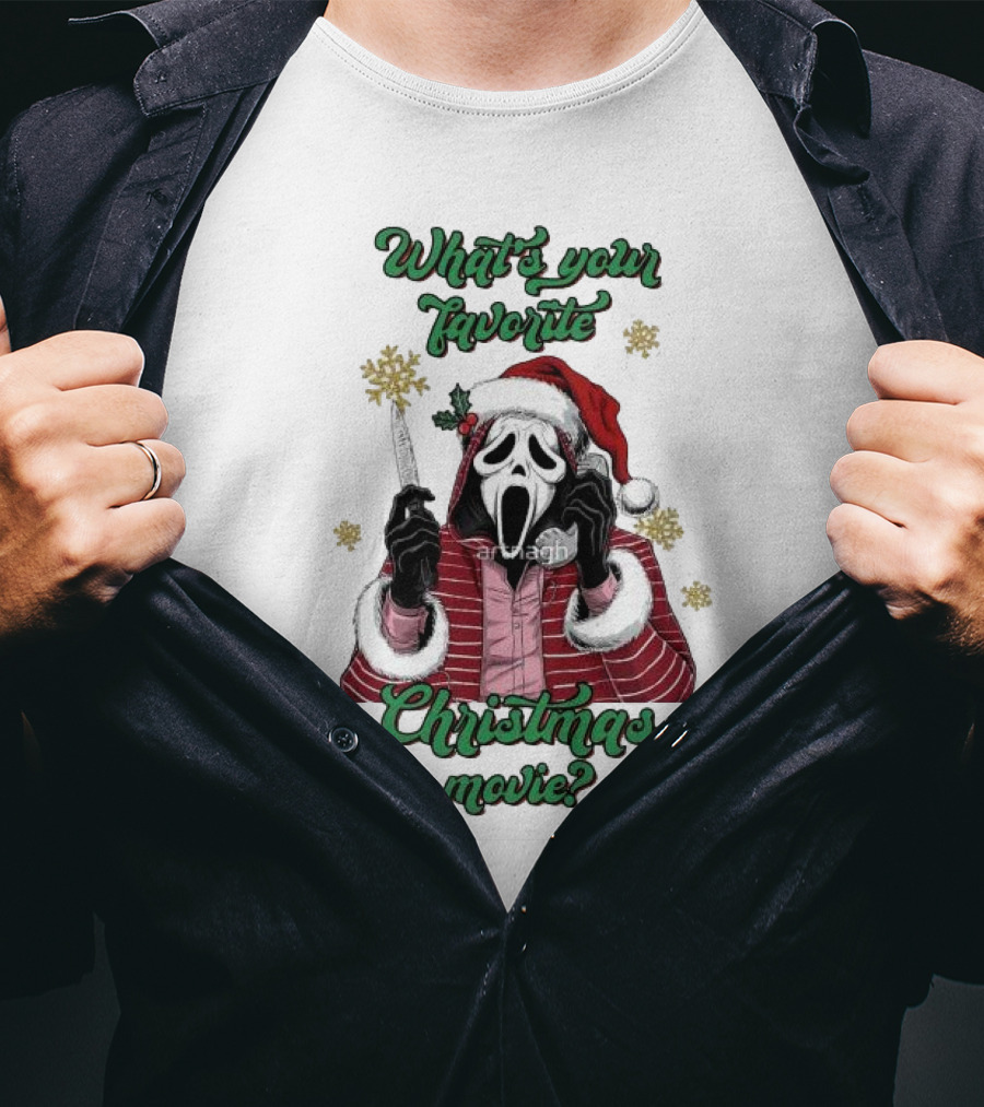 What’s Your Favorite Christmas Movie Santa Skeleton Ghost Face Costume T-Shirt
