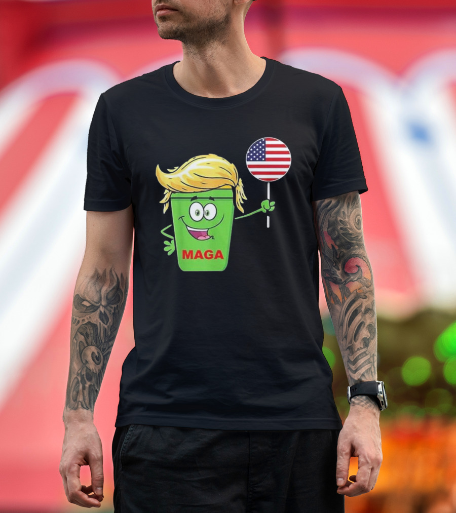 Funny Trump MAGA Cartoon Garbage Can Holding American Flag T-Shirt