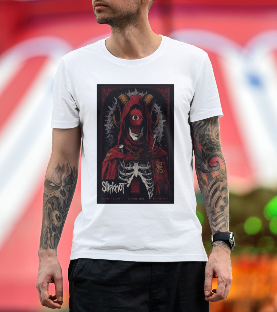 Slipknot Estadio Nacional Santiago Chile November 2 2024 Event Skeleton Hooded Figure Eye Horns T-Shirt