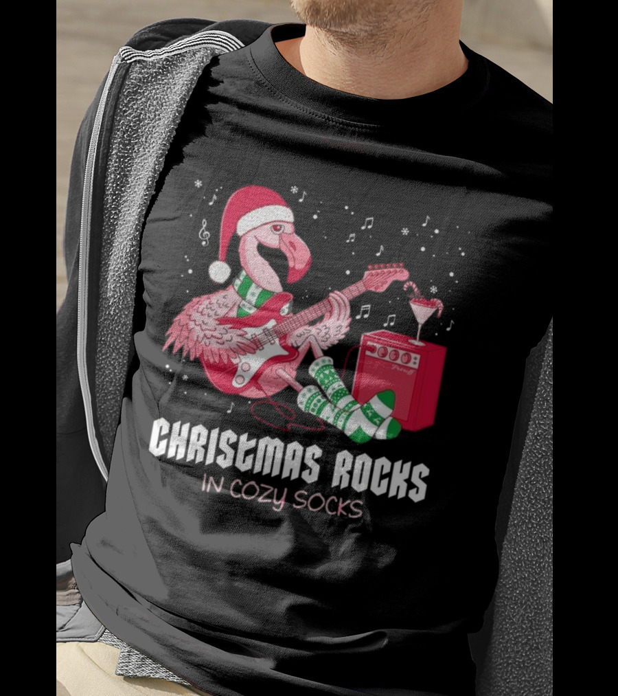 Christmas Rocks In Cozy Socks Flamingo Festive Vibes T-Shirt