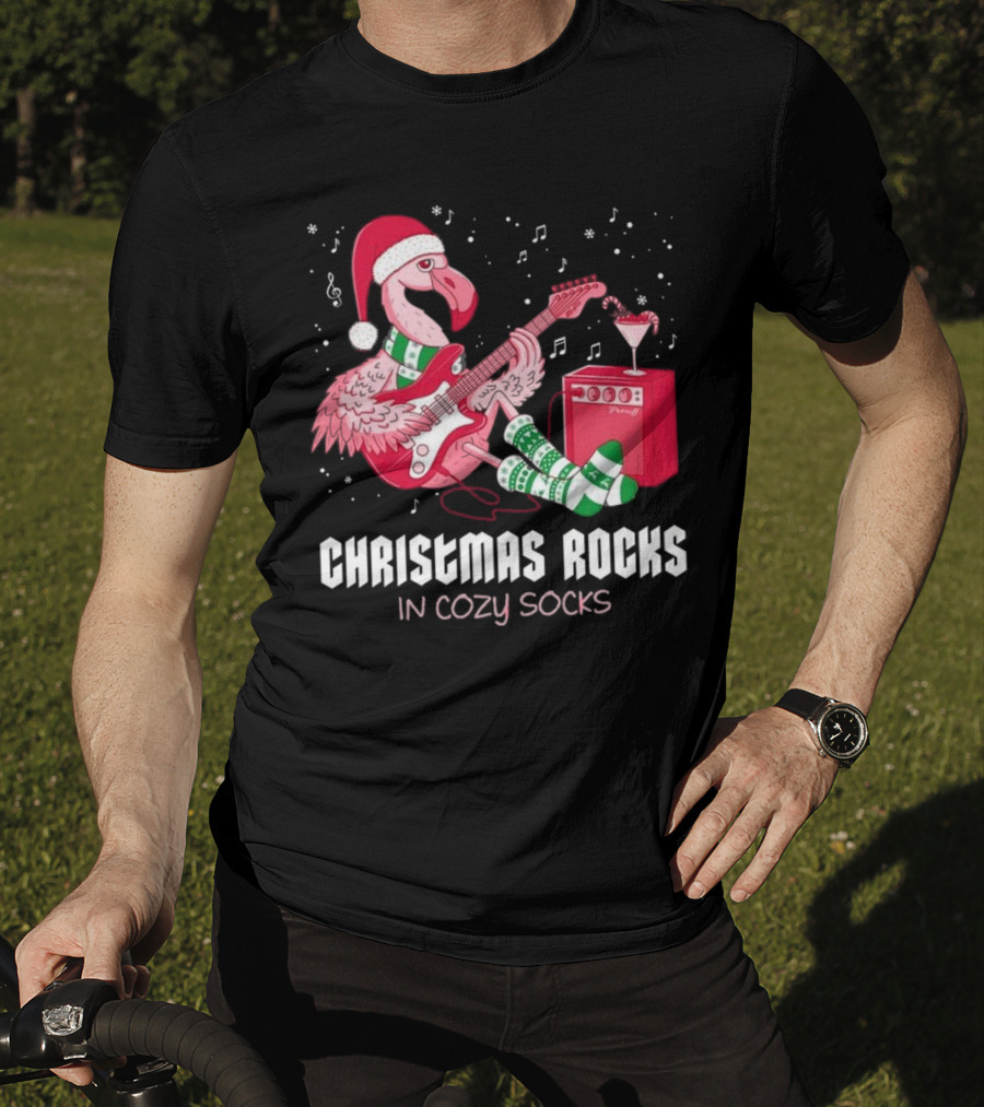 Christmas Rocks In Cozy Socks Flamingo Festive Vibes T-Shirt