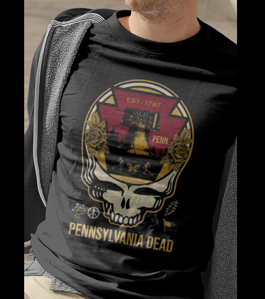 Pennsylvania Dead Est. 1787 Penn Skull With Liberty Bell And Roses T-Shirt
