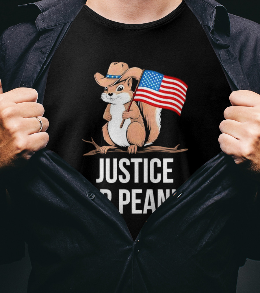 Justice For Peanut Squirrel Holding US Flag In Cowboy Hat T-Shirt
