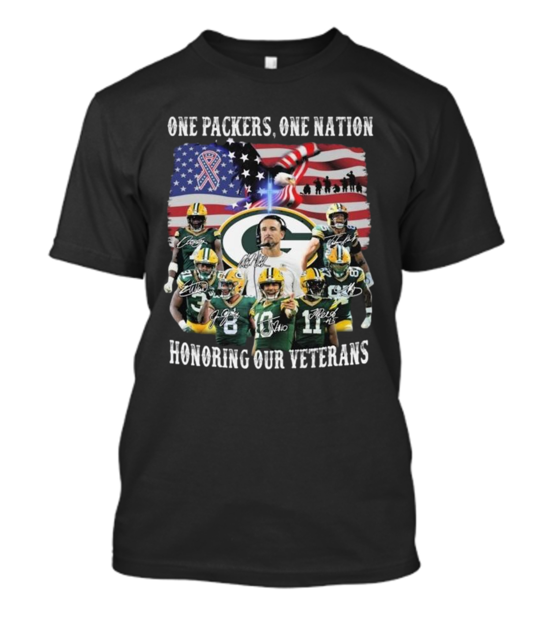 One Packers One Nation Honoring Our Veterans Green Bay Packers Flag Signatures T-Shirt
