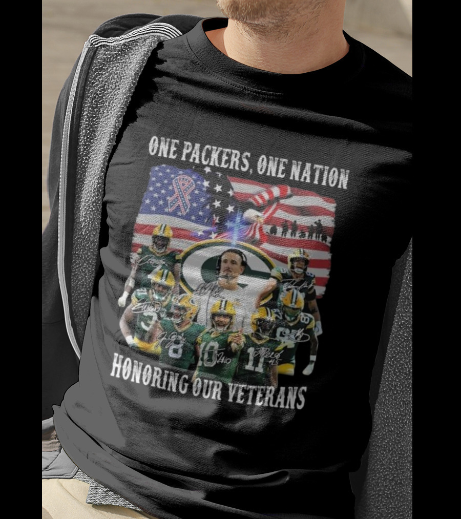 One Packers One Nation Honoring Our Veterans Green Bay Packers Flag Signatures T-Shirt