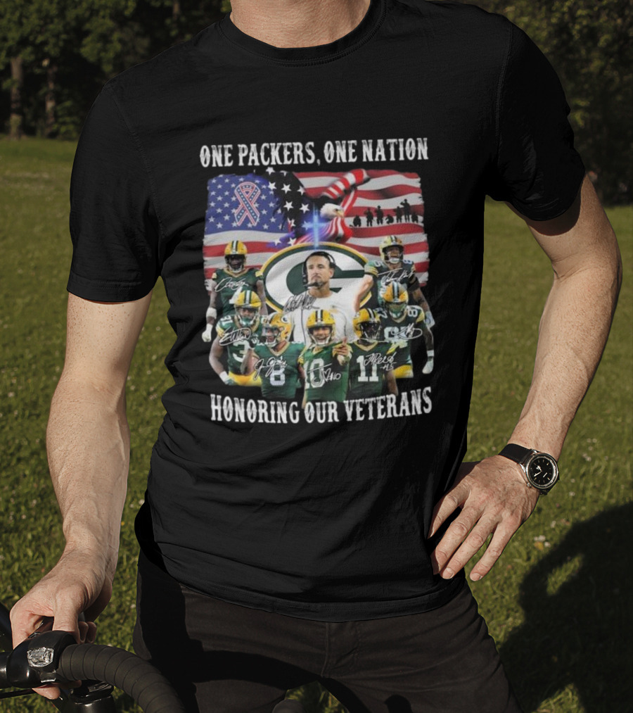 One Packers One Nation Honoring Our Veterans Green Bay Packers Flag Signatures T-Shirt