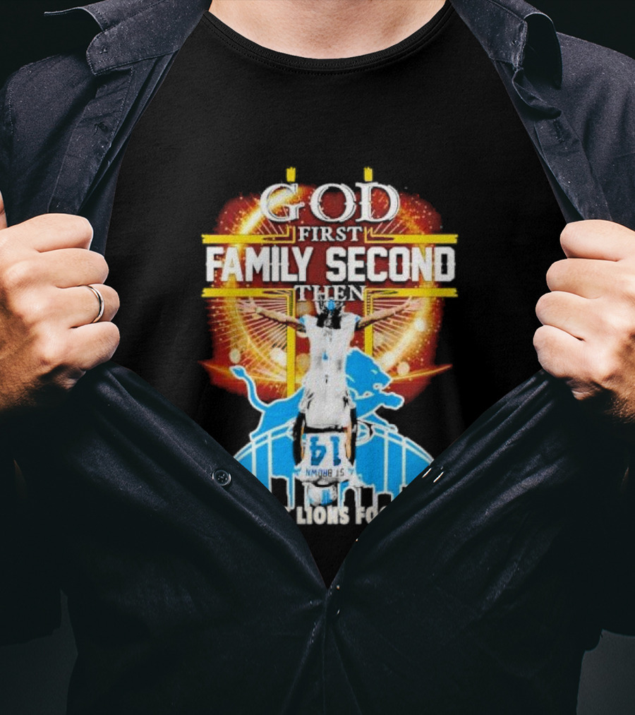 God First Family Second Detroit Lions Football Amon-Ra St. Brown Headstand T-Shirt