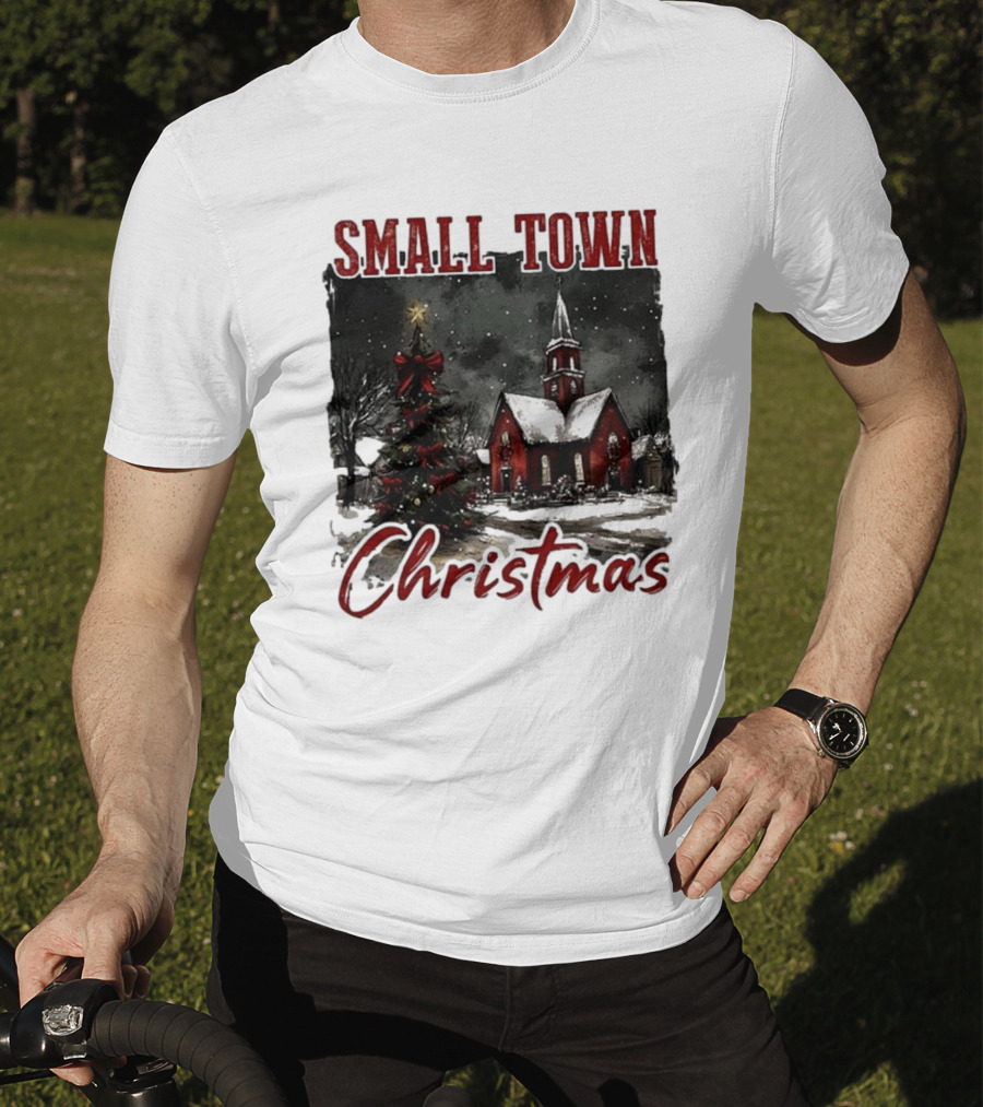 Vintage Retro Small Town Christmas Church Scene T-Shirt