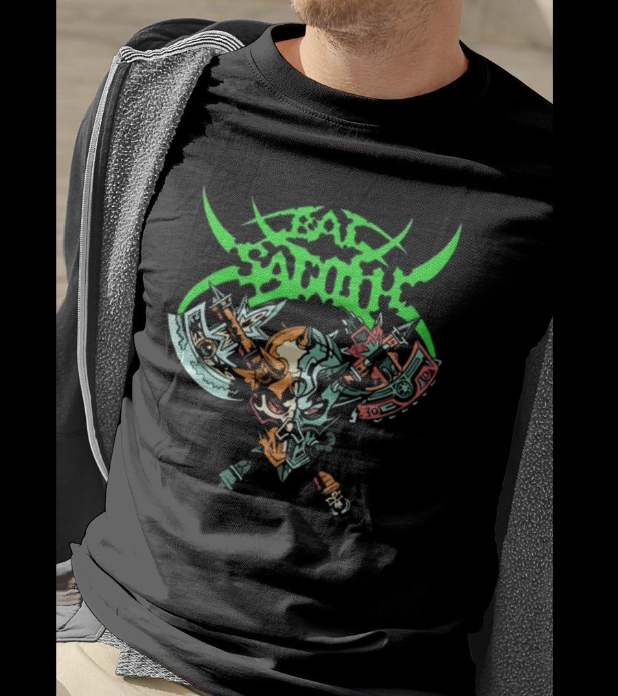 Bal-Sagoth Sigil Dual Skull With Swords And Axes Green And Red T-Shirt