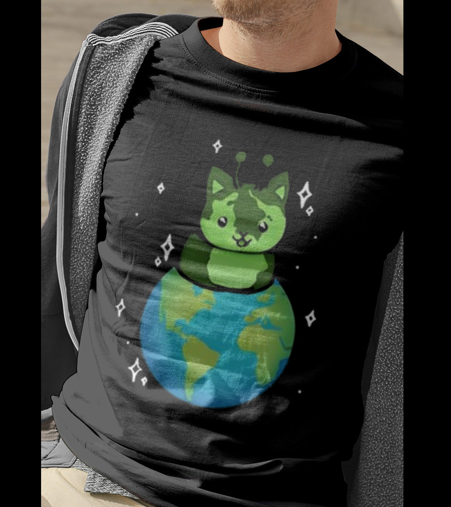 Cult Of Biscuit Alien Biscuit Cat Globe Stars T-Shirt