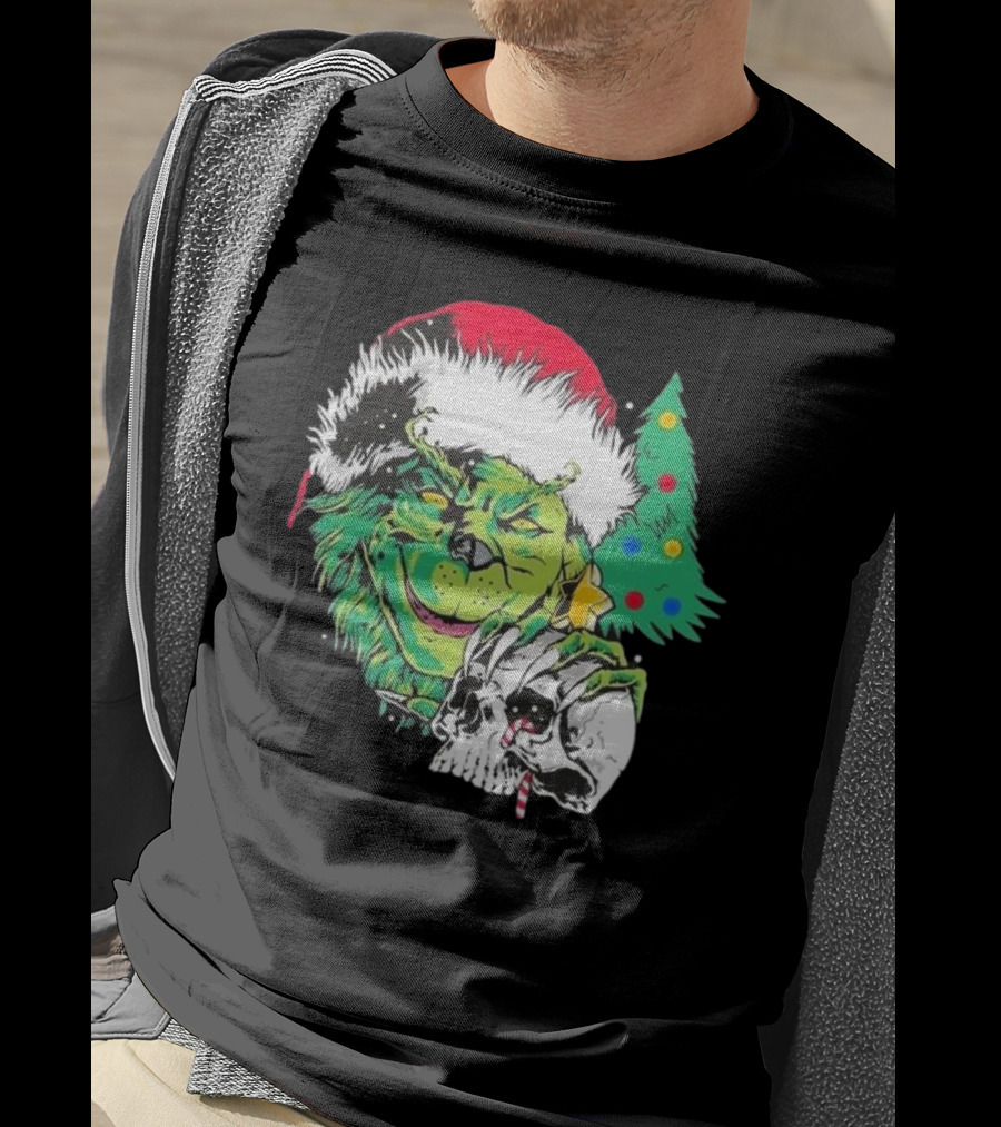 Grinch Santa Hat Skull Christmas Tree Scene T-Shirt