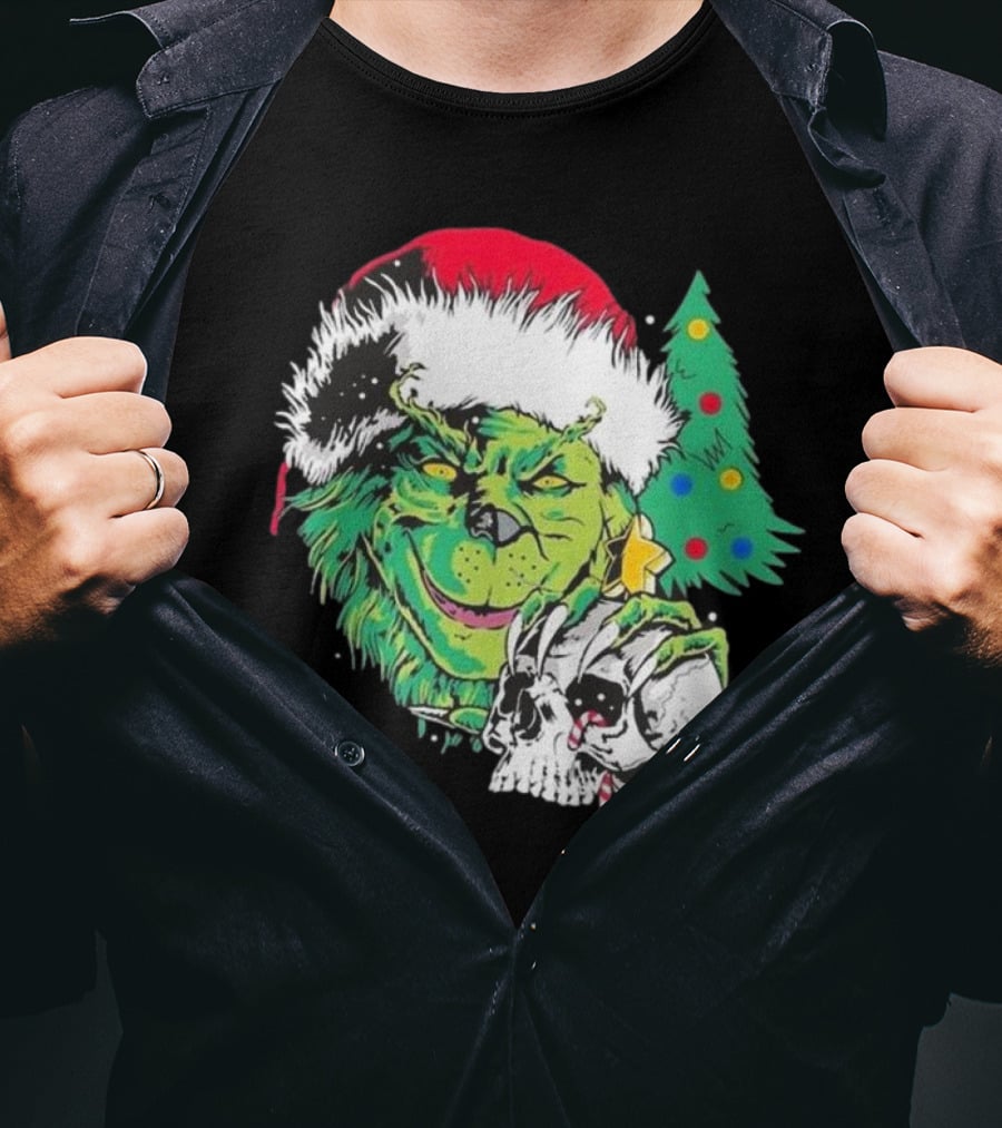 Grinch Santa Hat Skull Christmas Tree Scene T-Shirt
