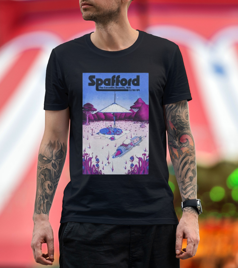 Spafford The Crocodile Seattle WA 11/10/24 Futuristic Landscape with Purple Trees and Spaceships T-Shirt