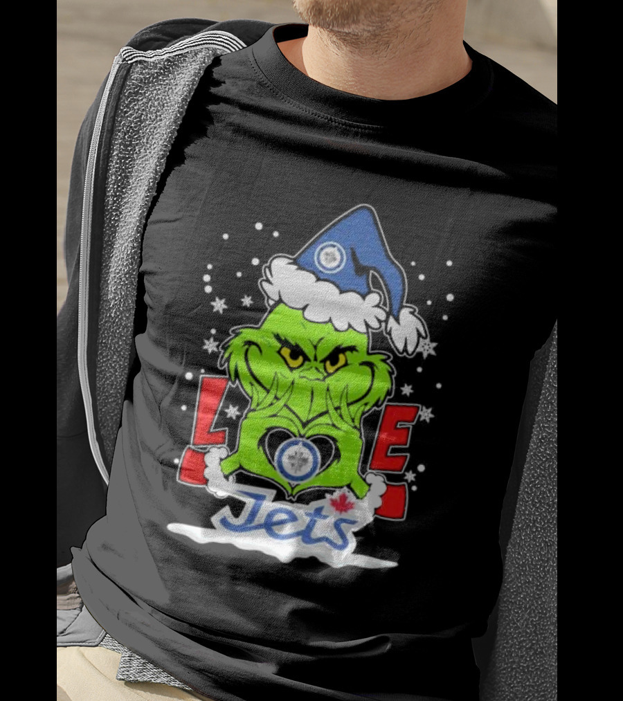 Grinch Heart Hands Love Winnipeg Jets Christmas Santa Hat Snowflakes T-Shirt