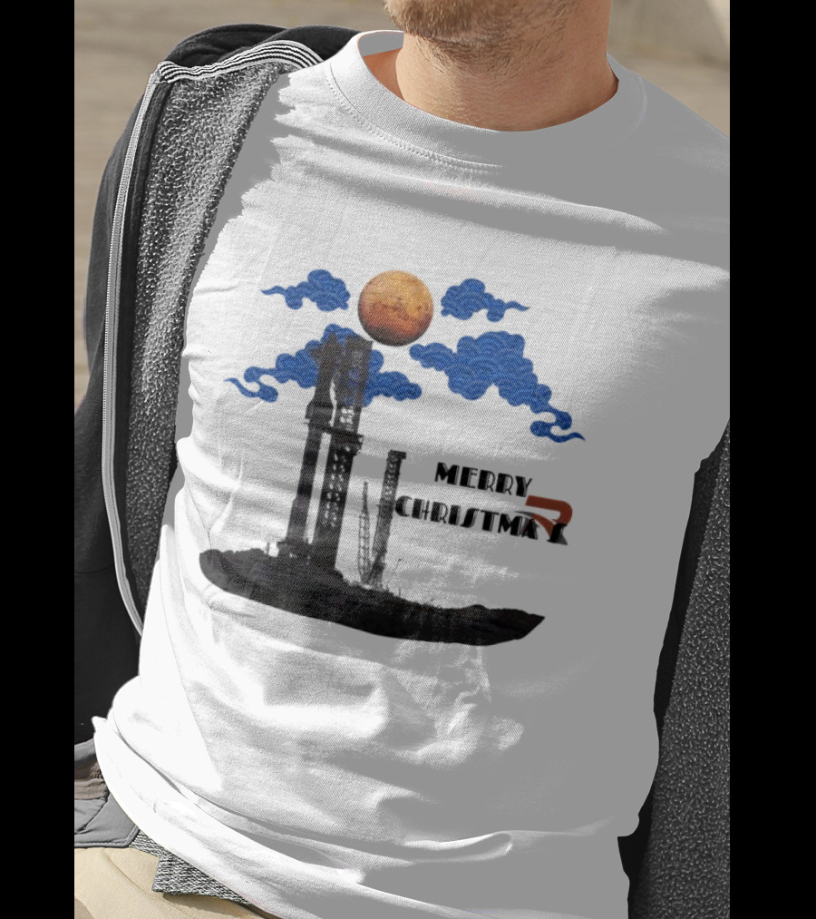 Merry Christmas Mars Rocket Mars Planet Blue Clouds T-Shirt