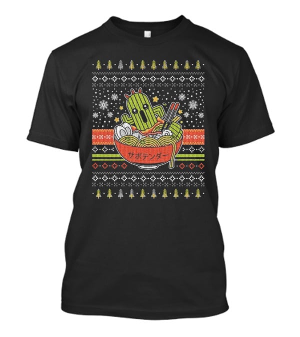 Cactuar Ramen Christmas Sweater Style With Snowflakes And Trees T-Shirt