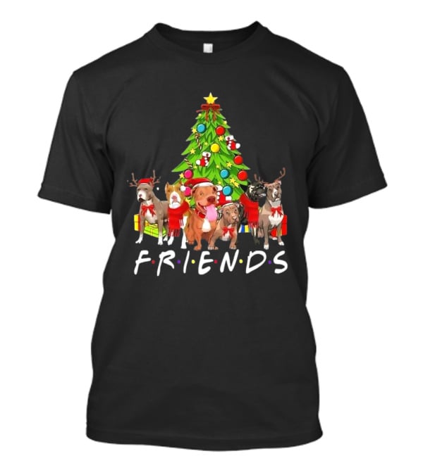FRIENDS Christmas Tree With Pitbulls In Festive Scarf And Antlers T-Shirt