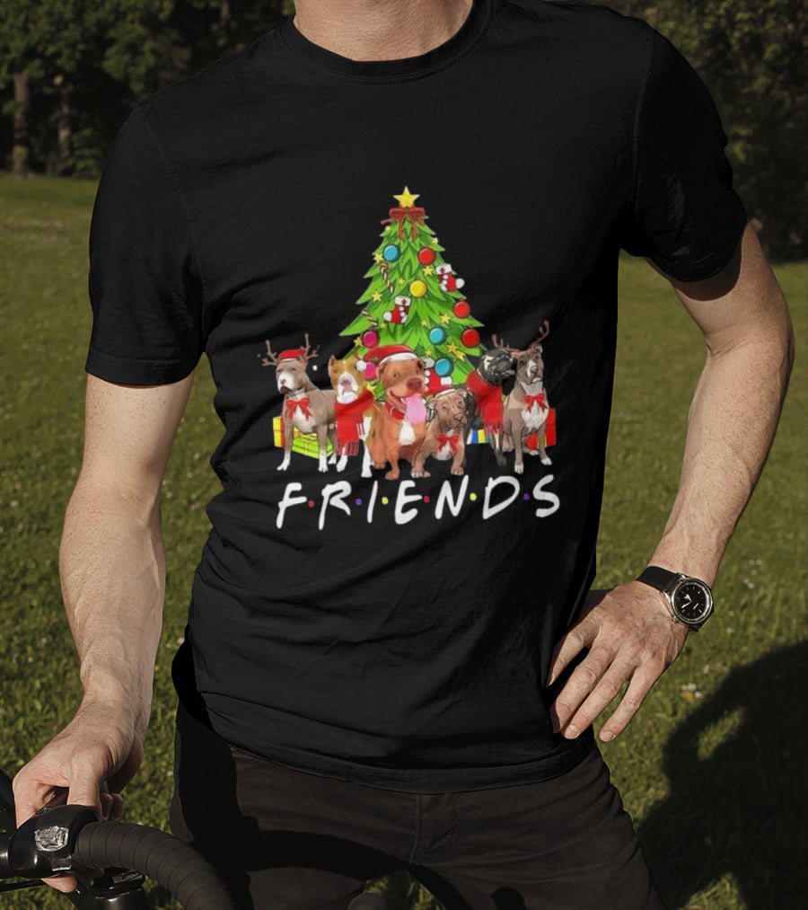 FRIENDS Christmas Tree With Pitbulls In Festive Scarf And Antlers T-Shirt